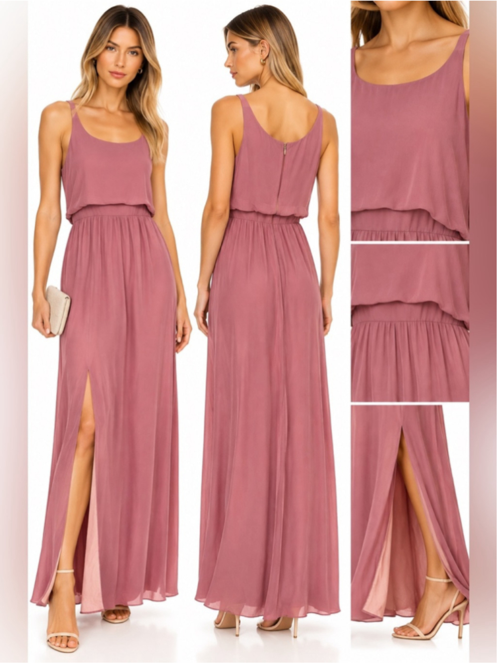 Vintage 100% Silk Dusty Rose Pink Maxi Dress Layered Blouson Side Slit